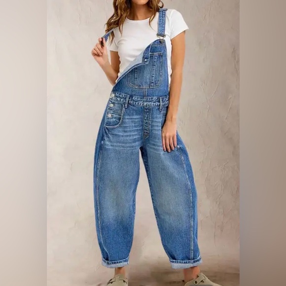 Flamingals Denim - Flamingals Wash Button Side Mid Waist Barrel Leg Overalls NWT